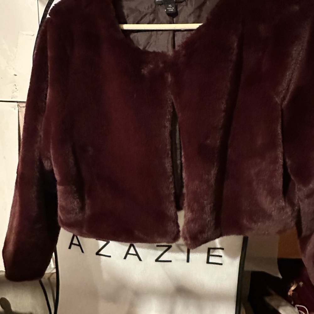 Wine colored crop fox fur dress coat with little hook - Picture 2 of 4
